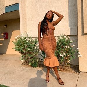 House of CB ‘Claudine’ Tan Ruffle Midi Dress